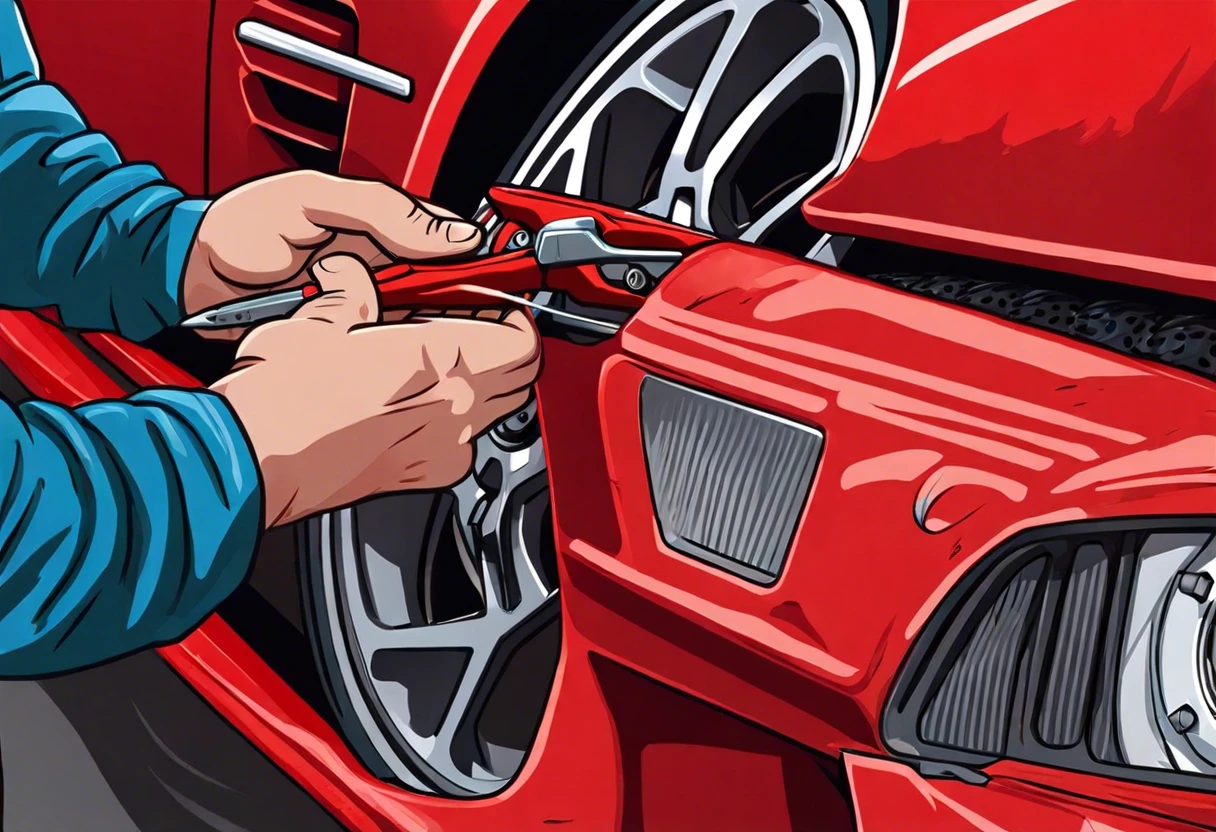 Person painting red brake calipers on a car, demonstrating how to paint your brake calipers.