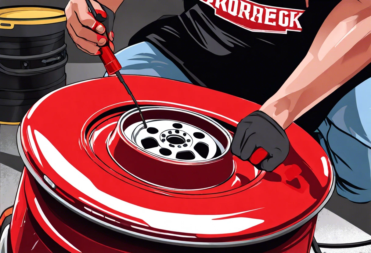 Person painting a brake drum in red, illustrating the process of customizing brake drums.