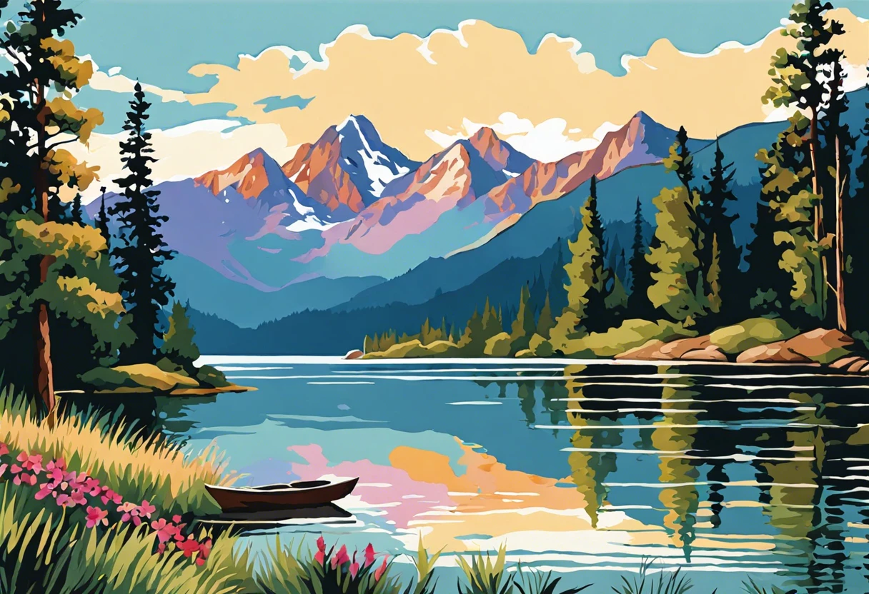 Beautiful landscape for paint by number project with mountains and lake