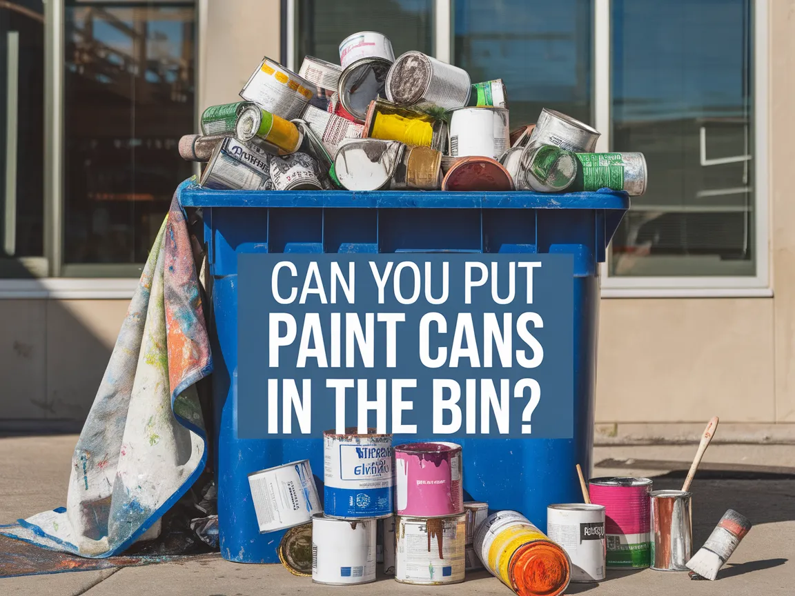 A blue recycling bin overflowing with various paint cans, illustrating the question of whether paint cans can be disposed of in the bin.