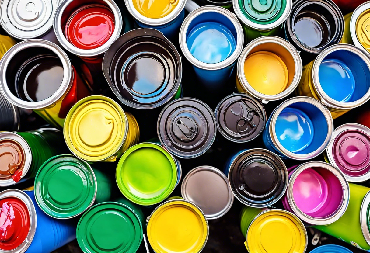 Colorful paint cans arranged in a circular pattern, relevant to disposal guidelines for paint cans.