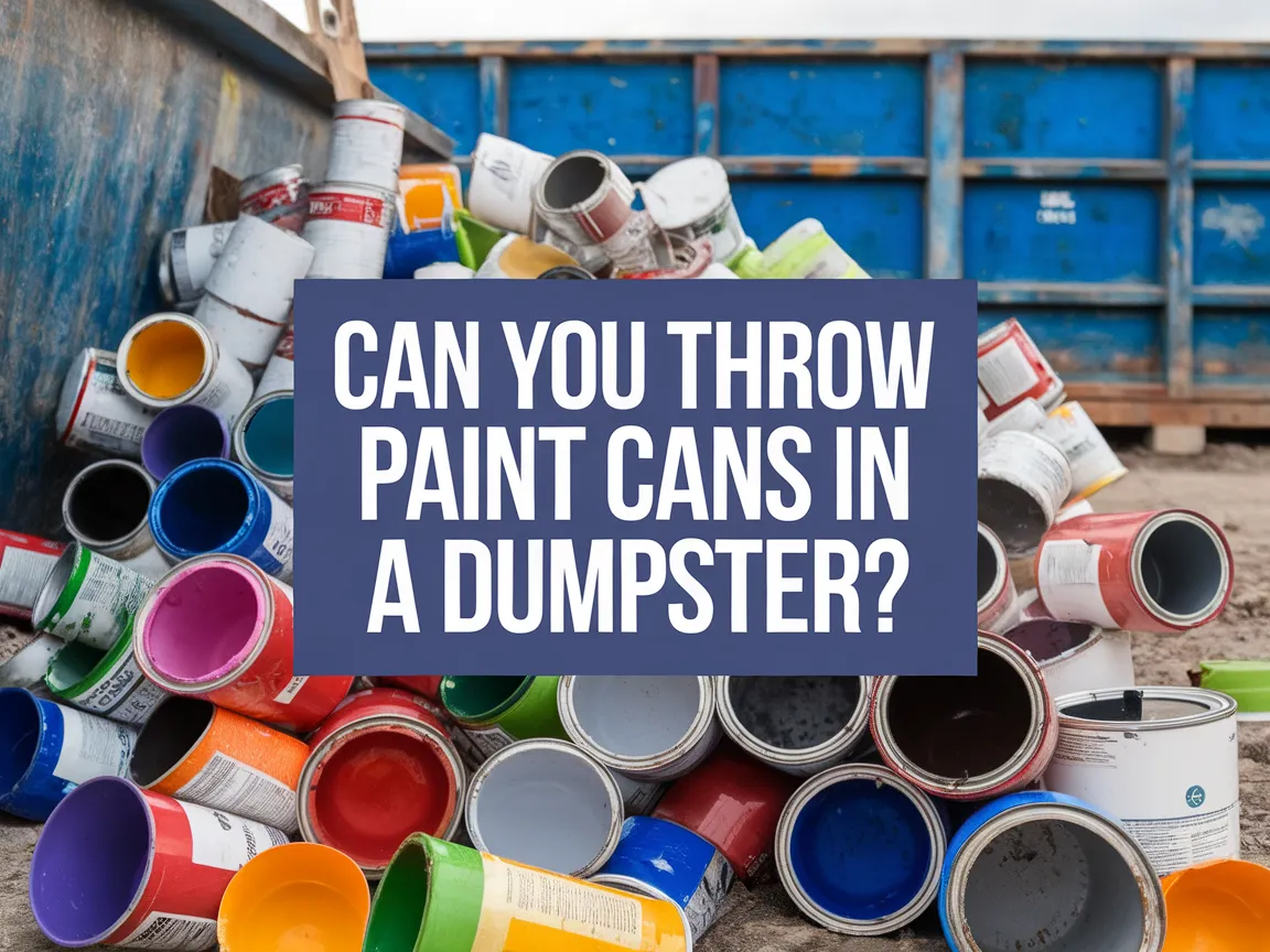 Various paint cans piled up near a dumpster, raising the question about disposal practices.