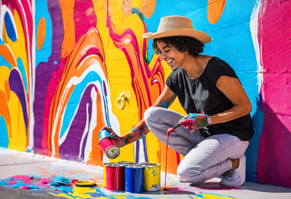 Person pouring paint from a can onto a colorful mural, discussing disposal of paint cans safely.