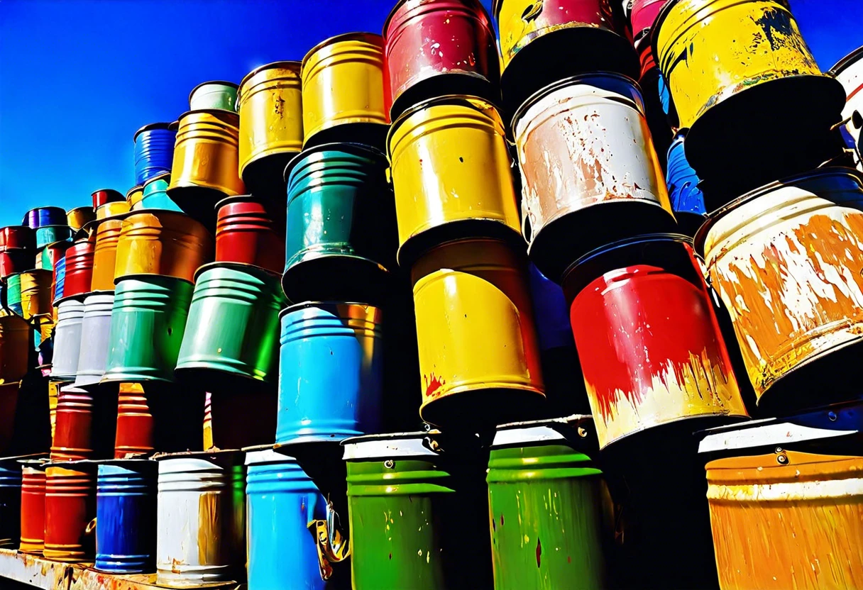 Colorful stacked paint cans, relevant to disposing of paint cans in a dumpster.