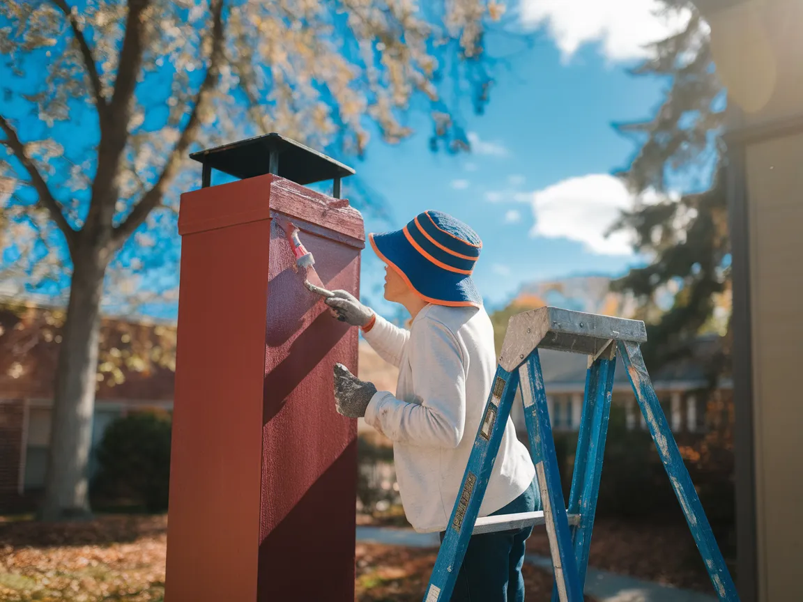 A person painting a chimney using a roller while standing on a ladder, showcasing DIY chimney painting