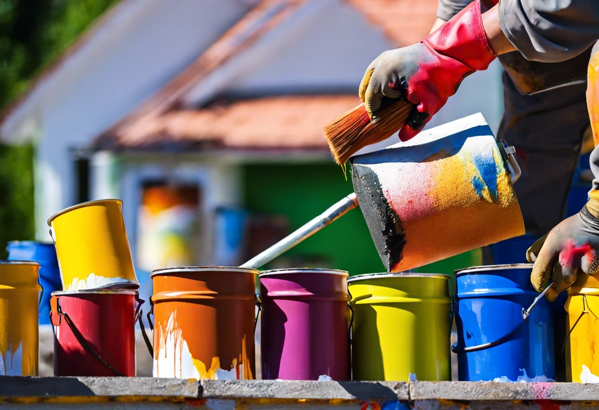 Person pouring paint from a can while preparing to paint a chimney