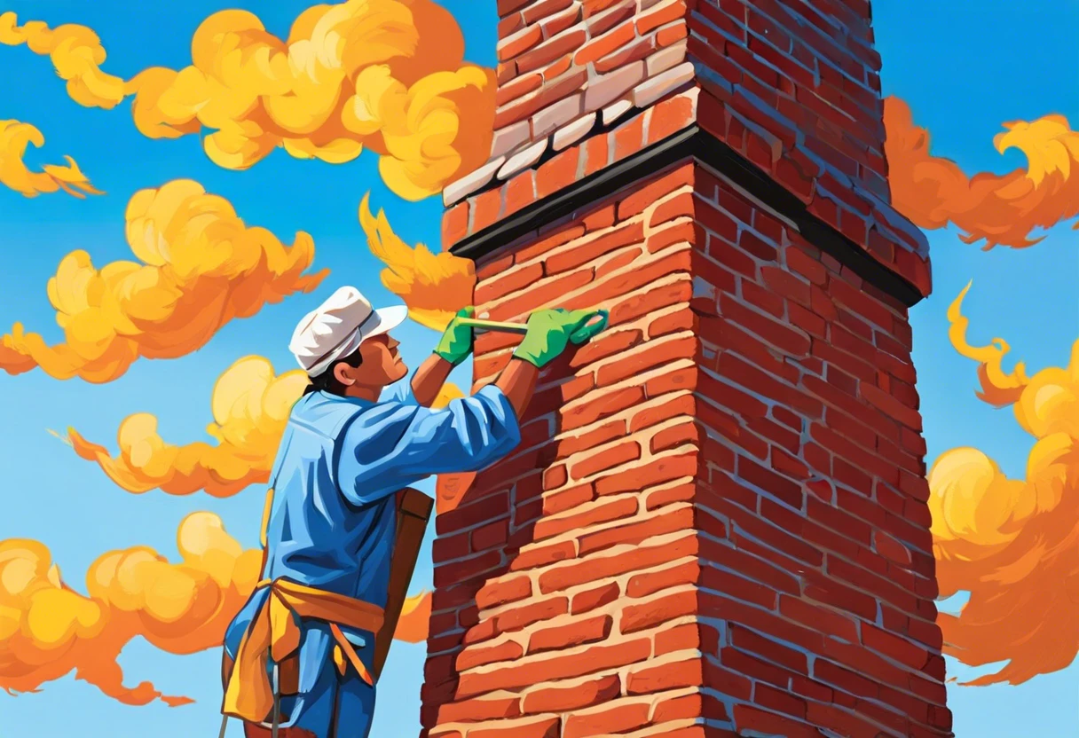 A person painting a chimney with vibrant colors against a bright sky, demonstrating the process of chimney painting.