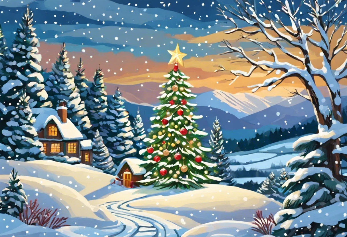 A beautifully painted Christmas tree adorned with ornaments and a star, set in a snowy landscape.