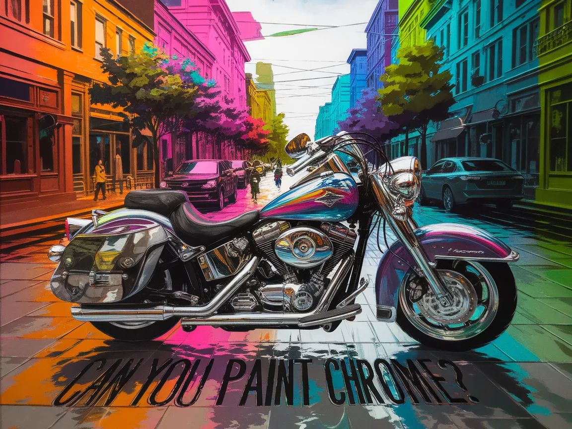 A colorful motorcycle parked on a vibrant street, illustrating the challenges of painting chrome.