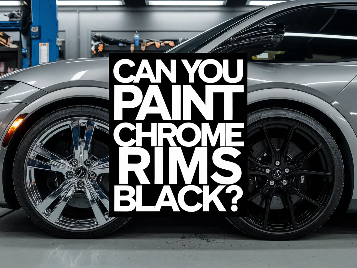 A comparison of chrome rims and black-painted rims showing the question 'Can You Paint Chrome Rims Black?'