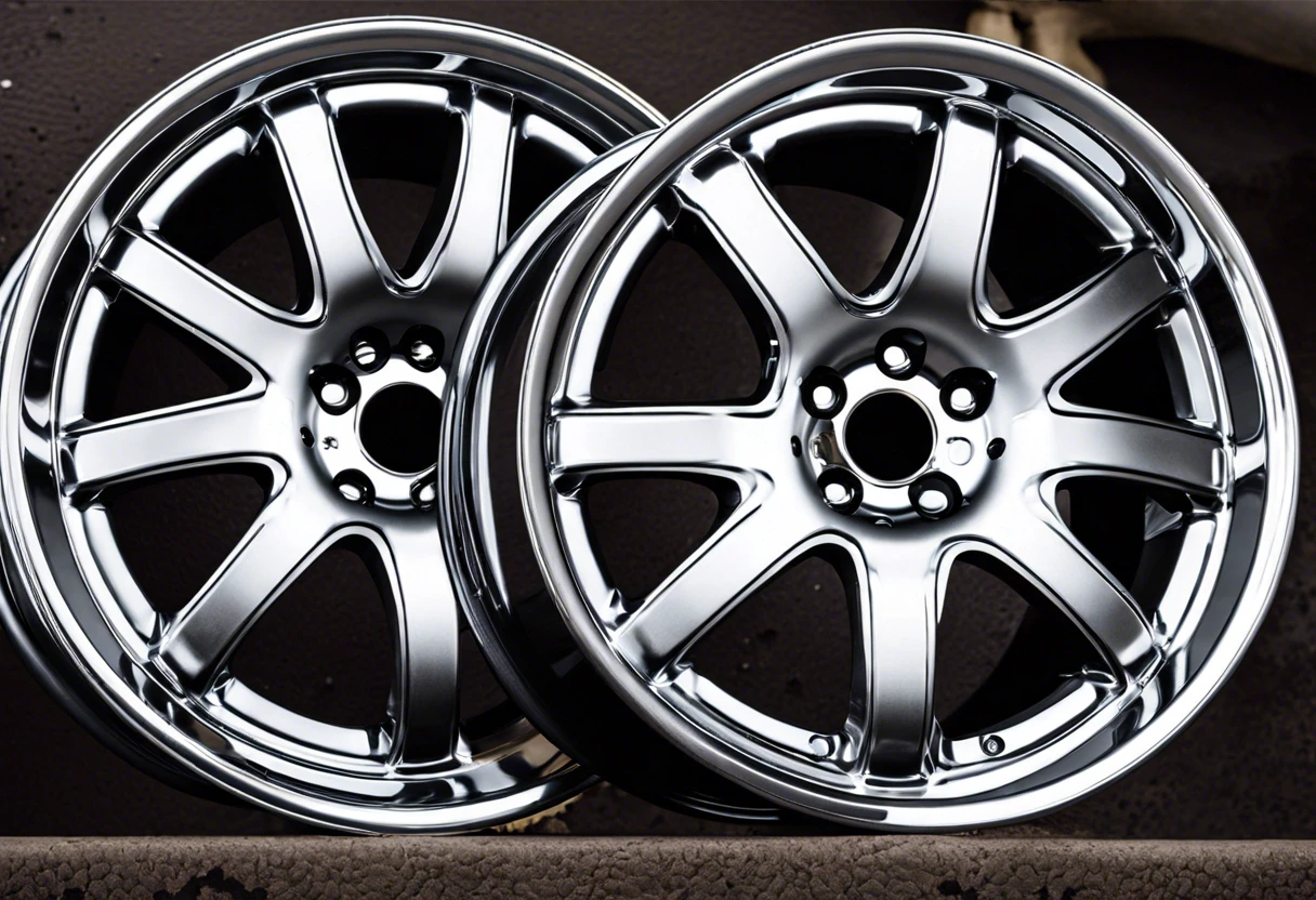 A pair of shiny chrome rims, showcasing their reflective surface; relevant to the process of painting chrome rims black.