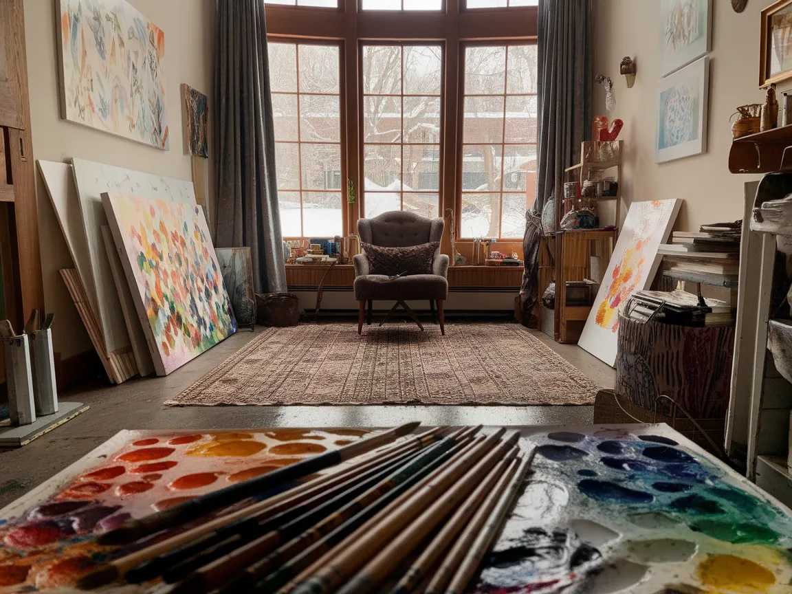 A cozy indoor painting setup with colorful palettes in cold weather.