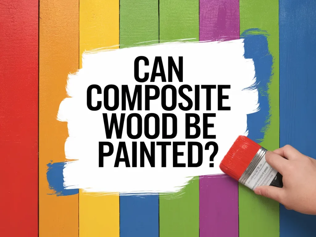A hand painting colorful composite wood panels with the question: Can Composite Wood Be Painted?