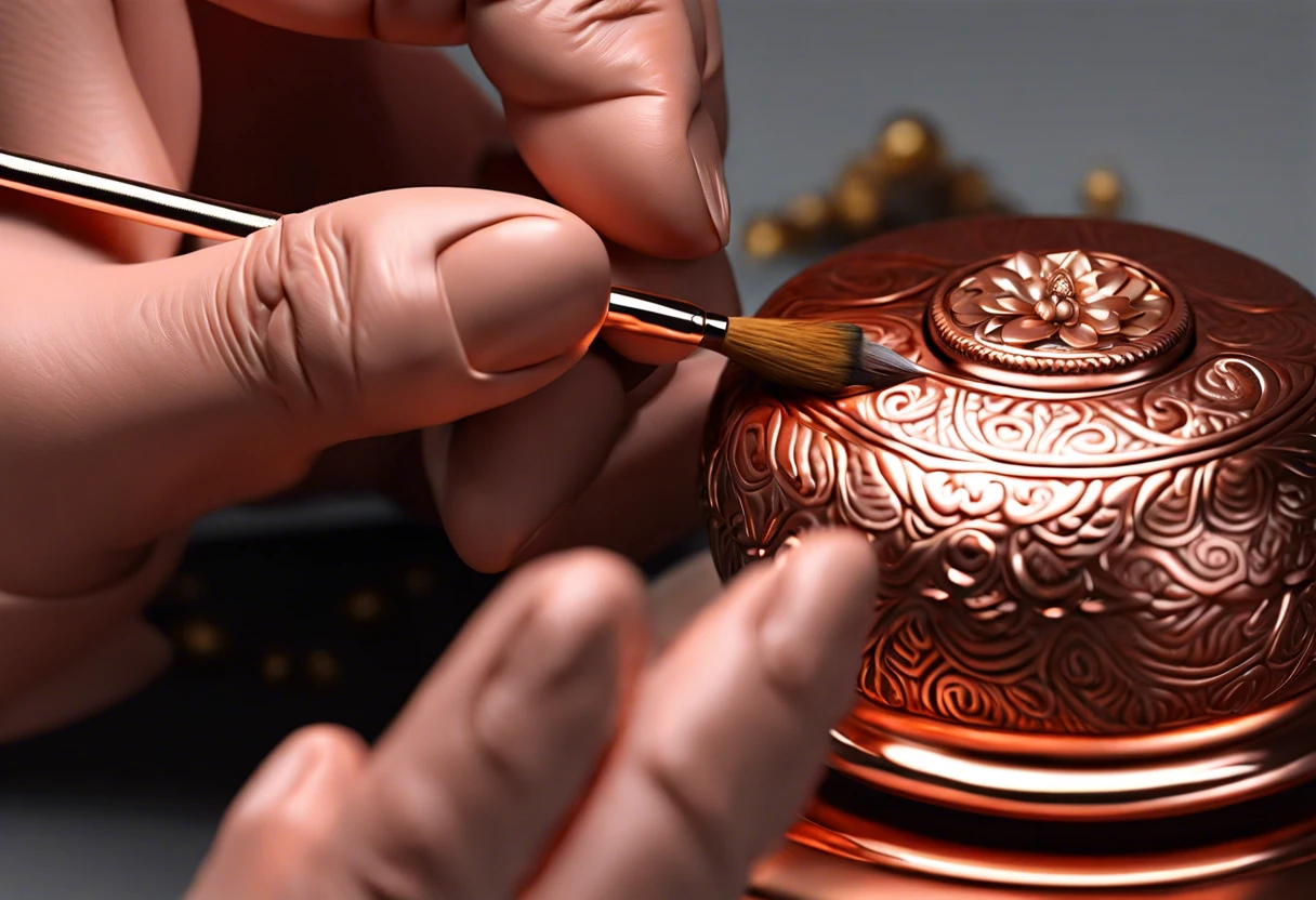 A close-up of a person painting a decorative copper object with a fine brush, showcasing techniques for painting copper surfaces.