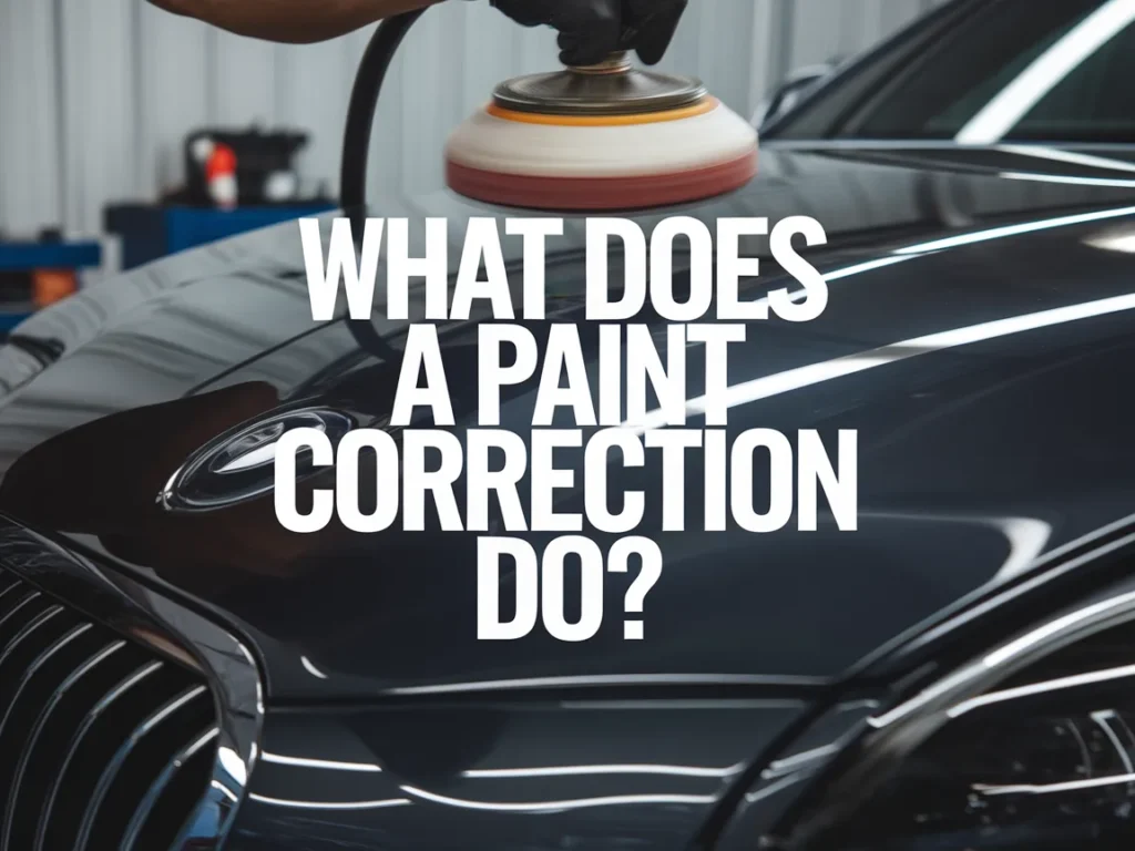 A technician performing paint correction on a car's surface to restore its shine and remove imperfections.