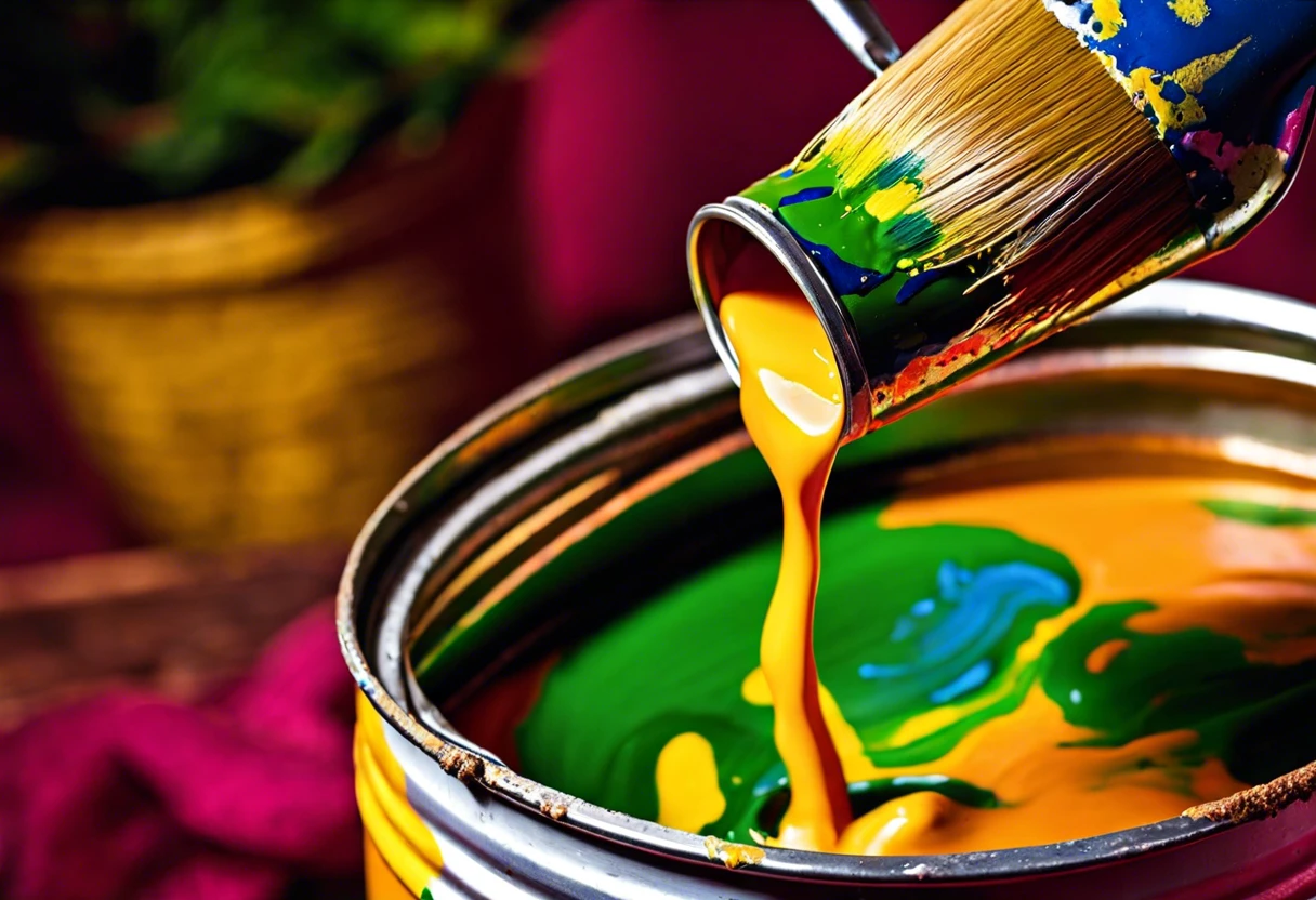 A paintbrush pouring yellow paint from a can, illustrating how many square feet 1 gallon of paint can cover.