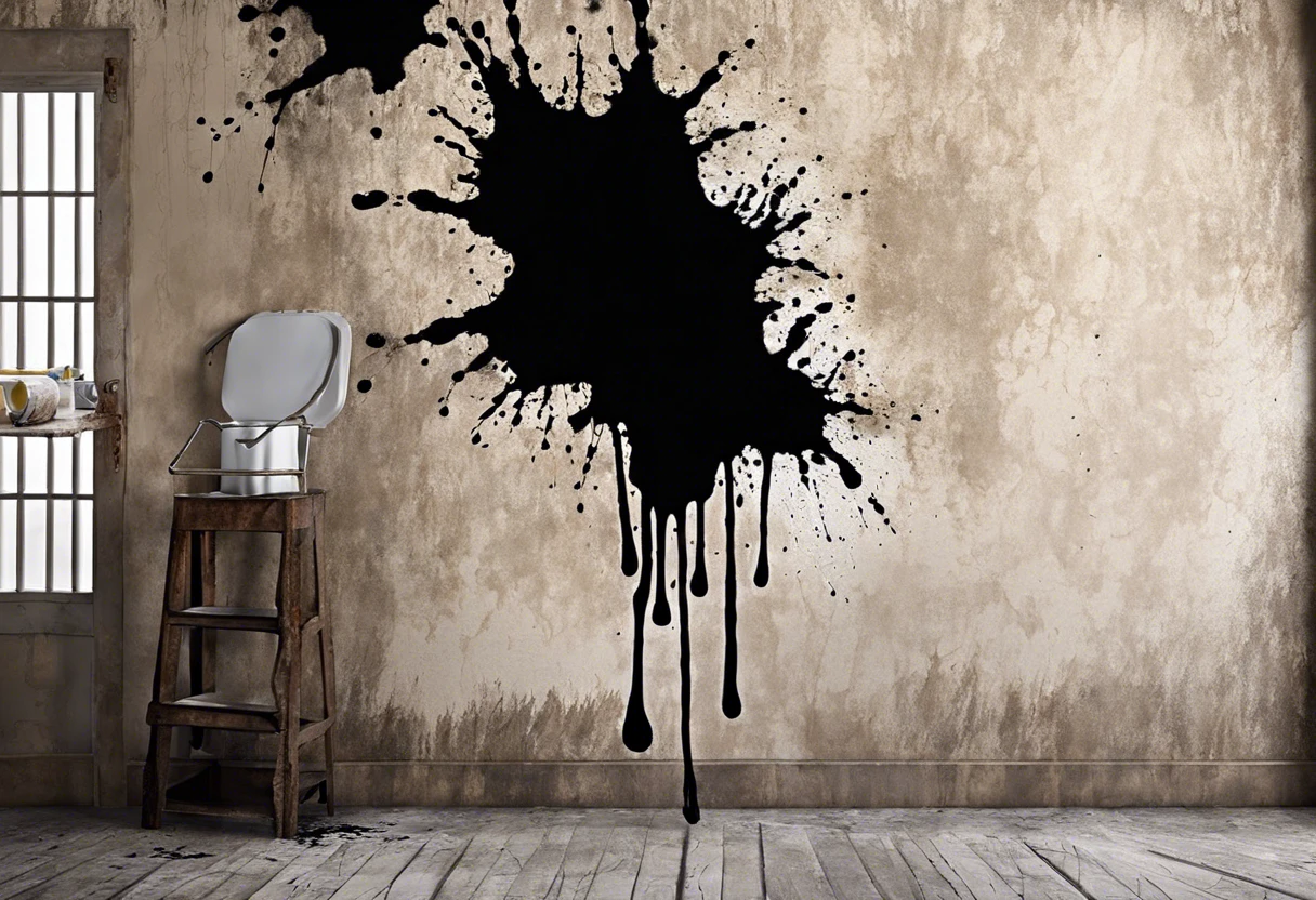 Black paint splatter on a wall illustrating the coverage area of 5 gallons of paint.