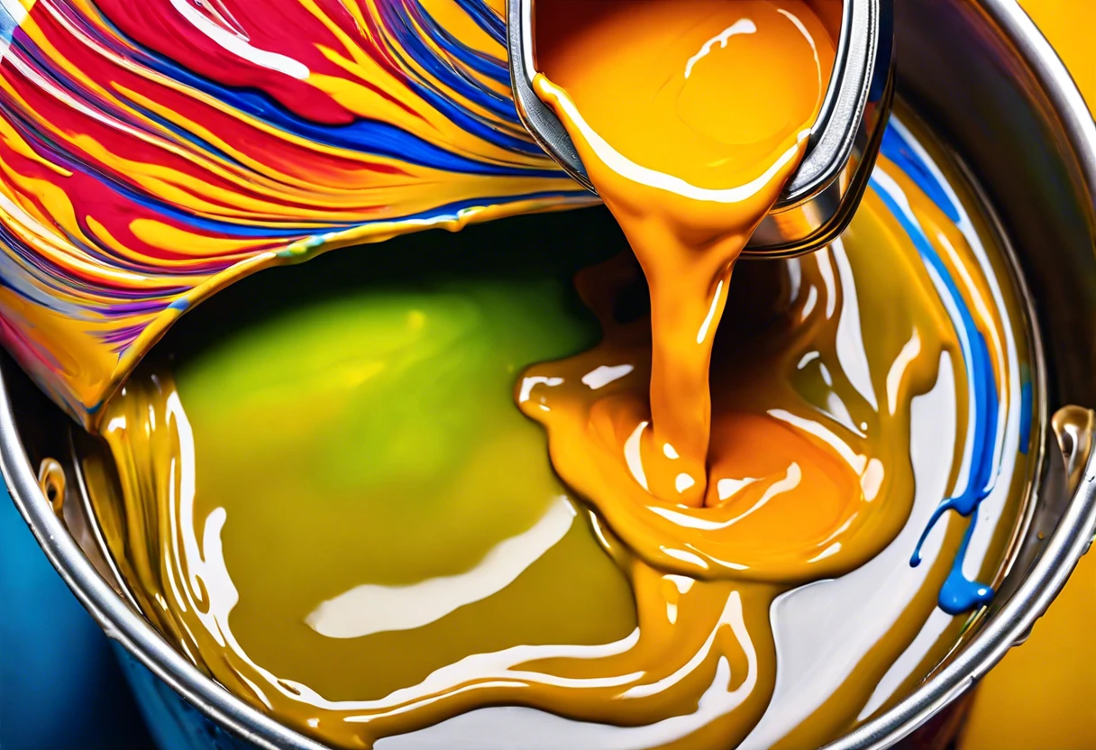 Close-up of paint pouring from a can, illustrating paint coverage for home improvement projects.