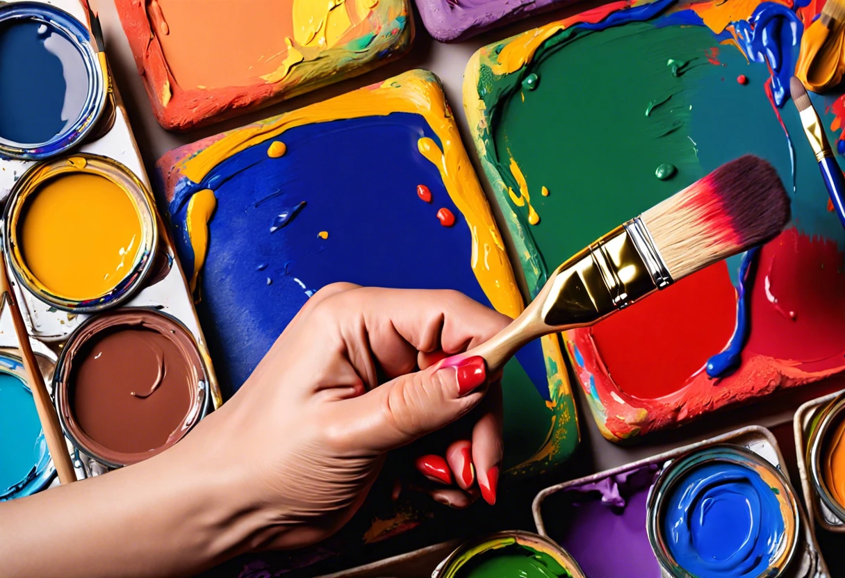 Colorful paints and brush demonstrating how much a can of paint can cover