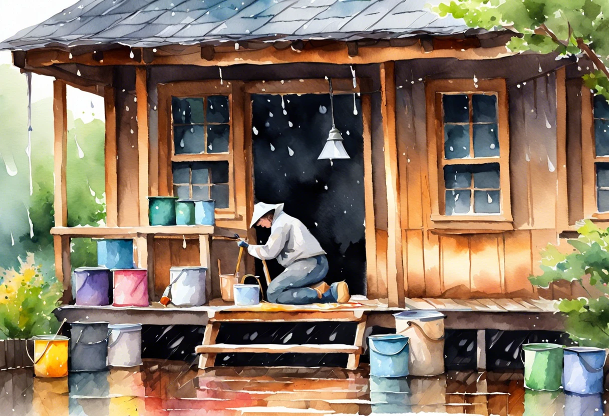 A person painting a covered porch while it rains, showcasing the challenges and techniques for painting outdoors in wet conditions.