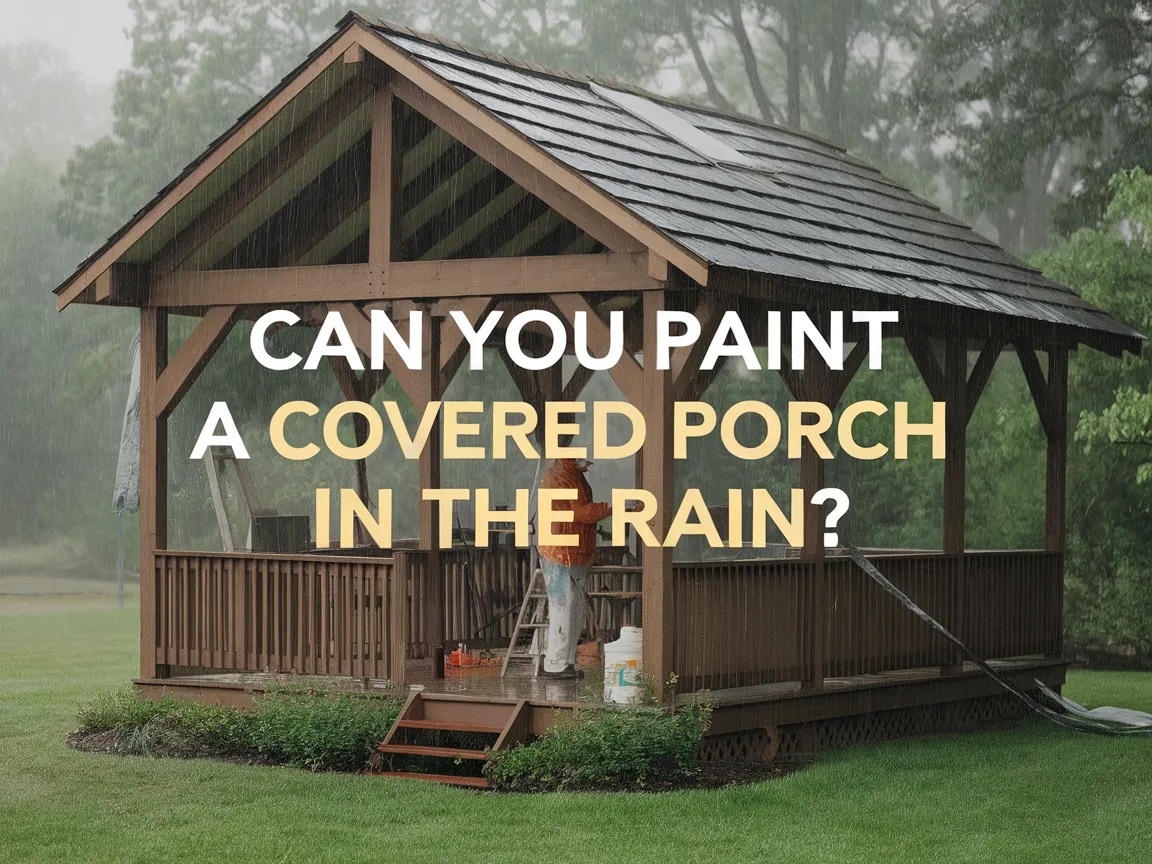 A covered porch being painted during rainy weather, illustrating the challenges of painting a covered porch in the rain.