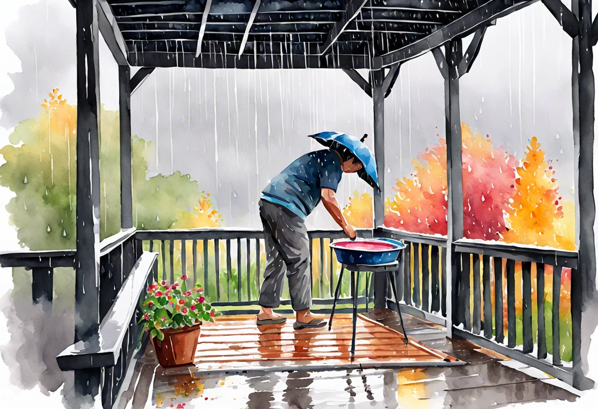 Person painting a covered porch while it's raining, demonstrating the conditions for painting outdoors.