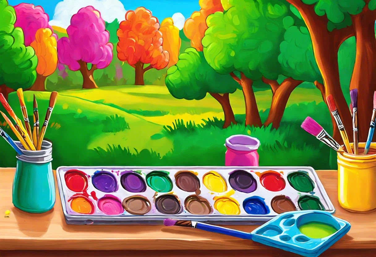 Colorful palette and paintbrushes set against a vibrant nature backdrop, ideal for painting Crayola Model Magic.