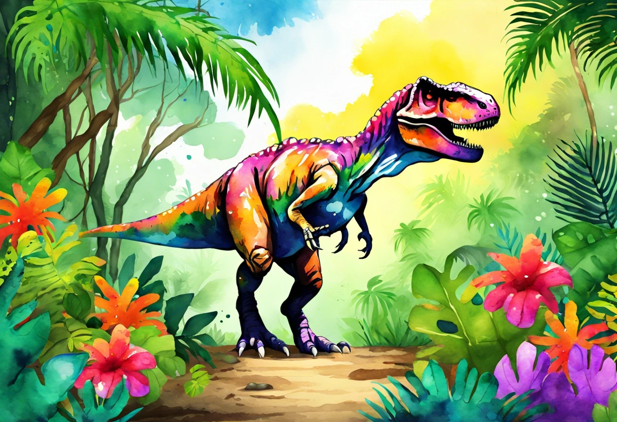 Vibrant watercolor painting of a dinosaur in a tropical setting, perfect for how to paint dinos in Ark