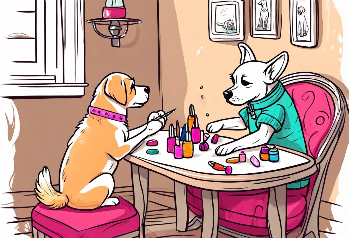 Two dogs at a table with nail polish, discussing the process of painting dog nails.
