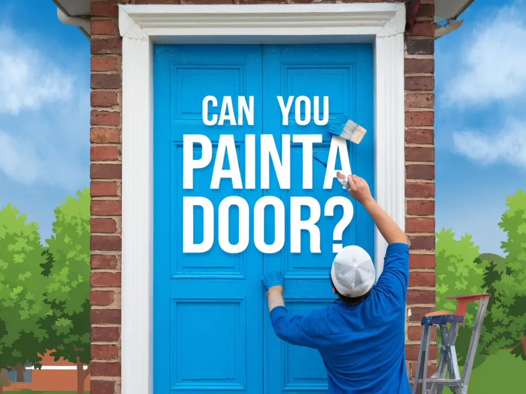 A person painting a door blue with a roller brush, illustrating the concept of painting a door.