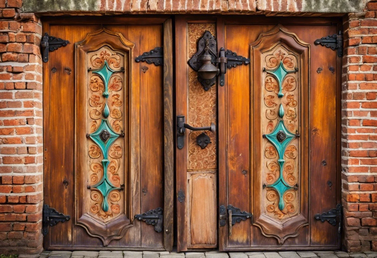 A beautifully crafted wooden door with ornate designs, demonstrating the potential to paint a door while it remains on the hinges.