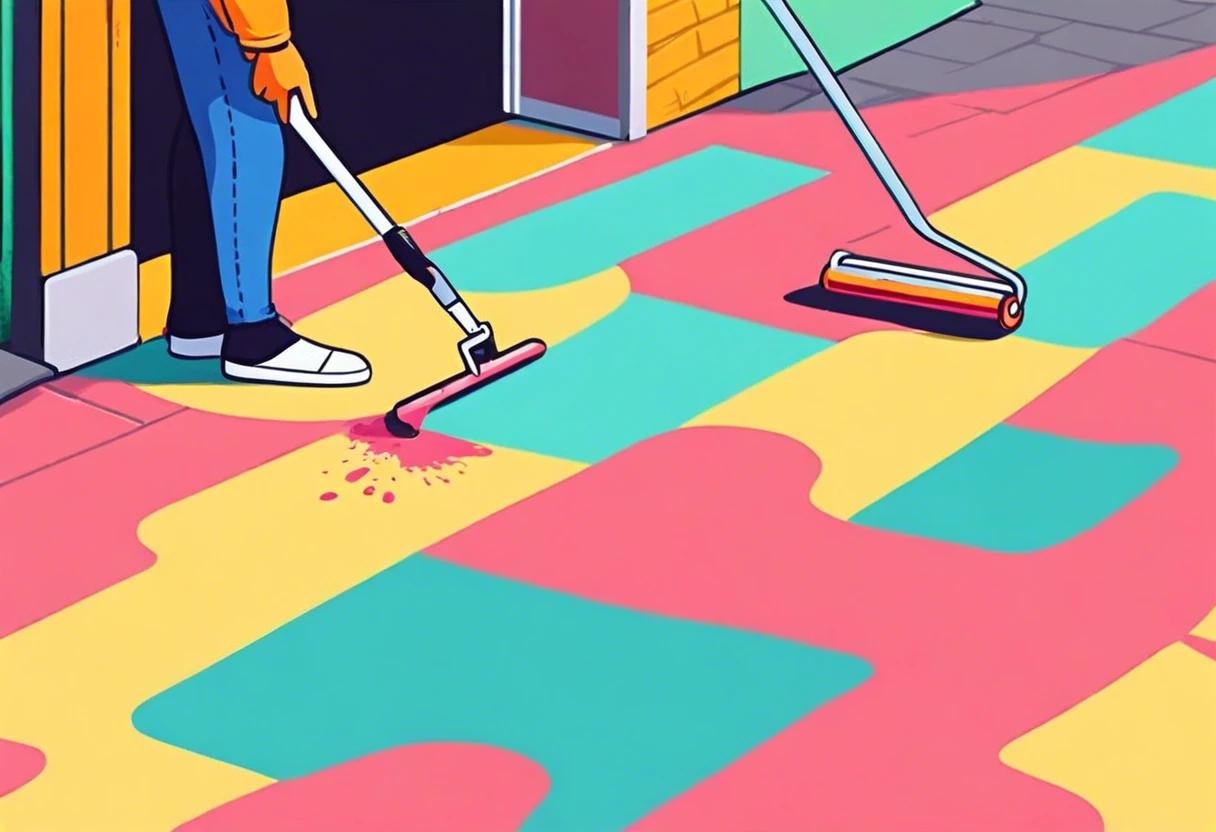 Person painting a colorful driveway with a roller, demonstrating driveway painting techniques.