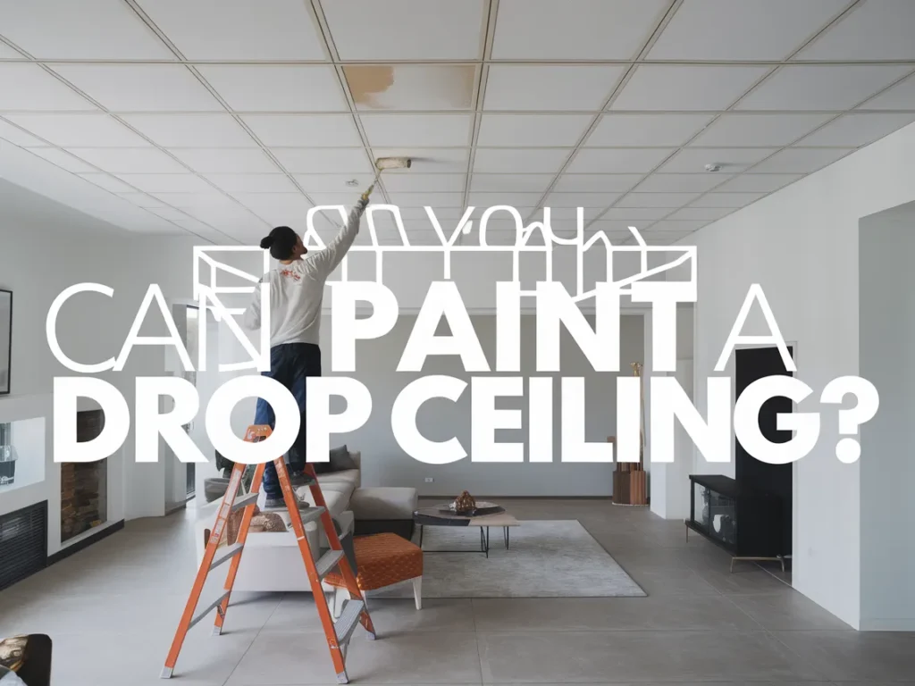 Person painting a drop ceiling with a roller on a ladder in a modern interior.