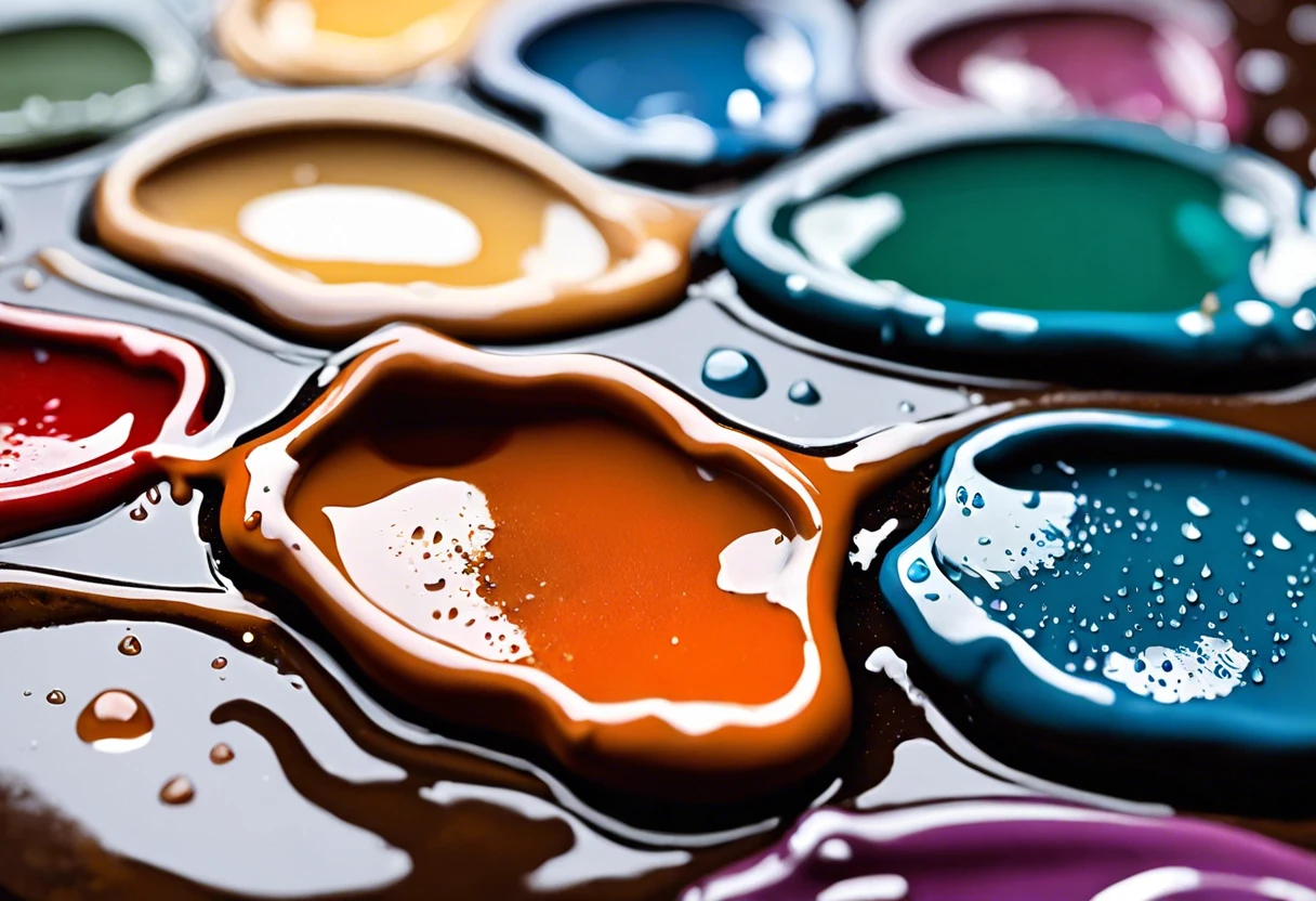 Close-up of vibrant paint puddles demonstrating drying conditions related to cold weather.