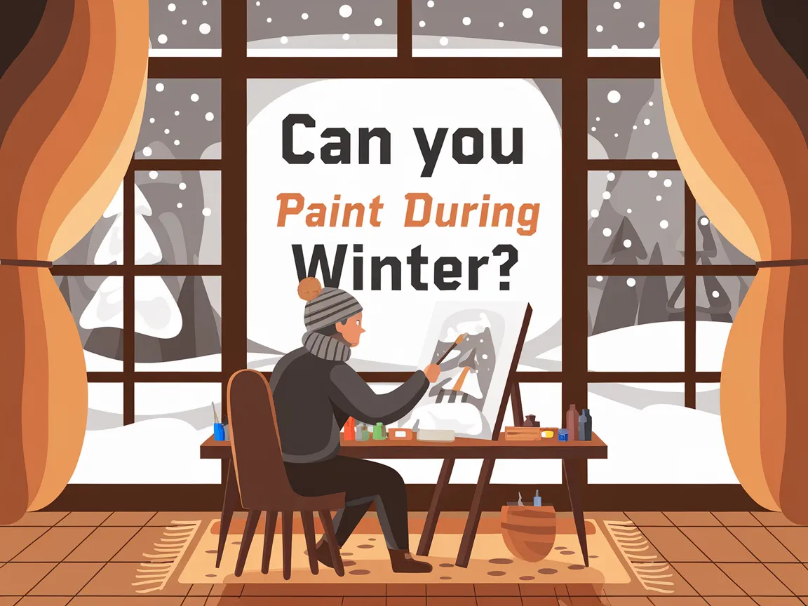 An artist painting in a cozy room during winter, surrounded by a snowy landscape.