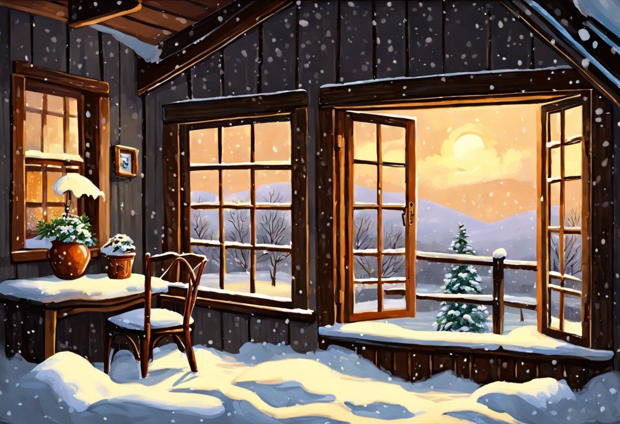 Cozy winter scene with snow outside a window, perfect for painting during winter.