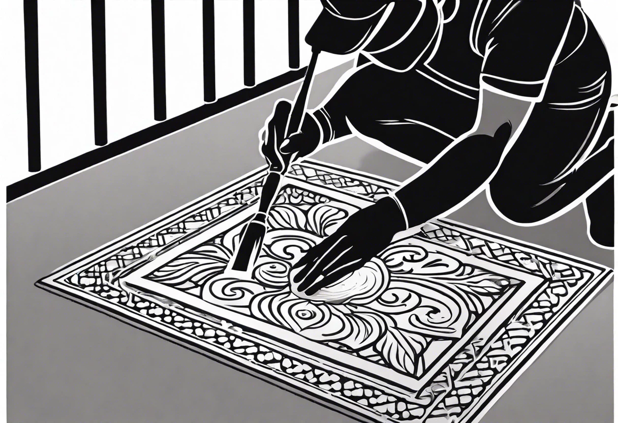 Person painting a decorative design on a door mat using suitable paint.
