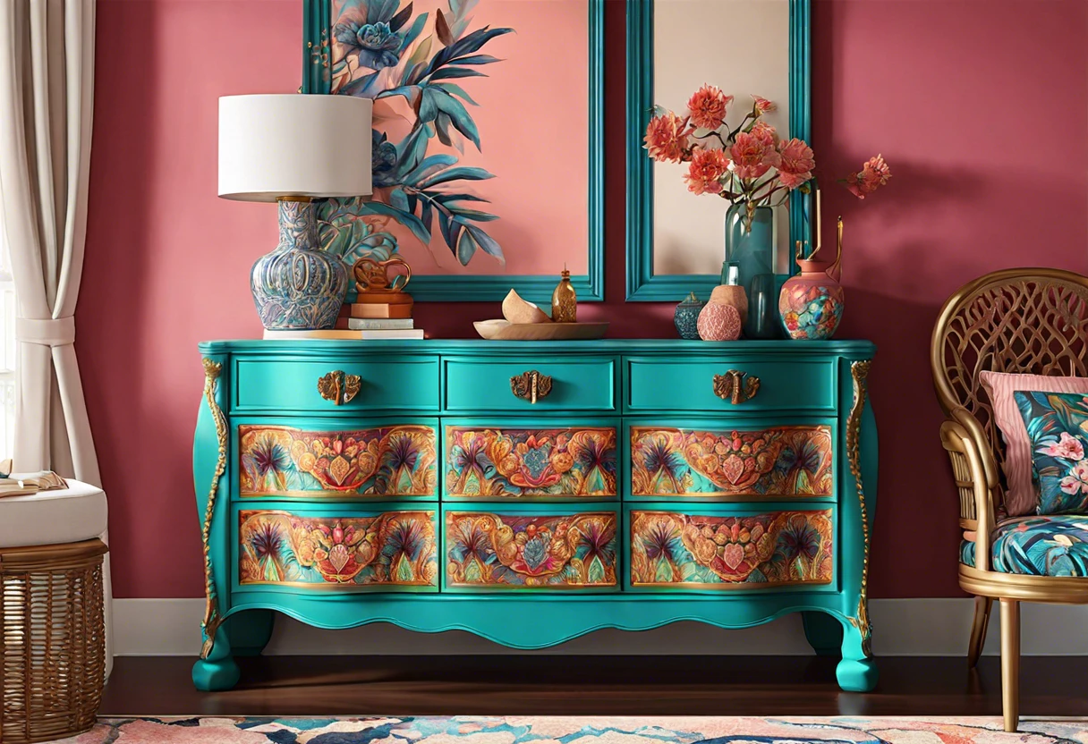 Colorful dresser with floral designs, showcasing potential paint coverage for dressers.