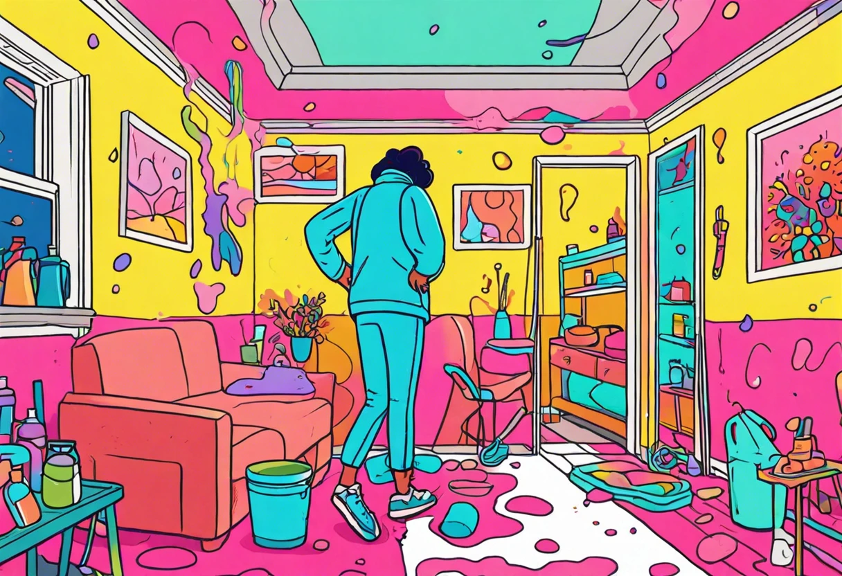 A person in a colorful room surrounded by paint, illustrating the potential effects of paint fumes that can cause flu-like symptoms.