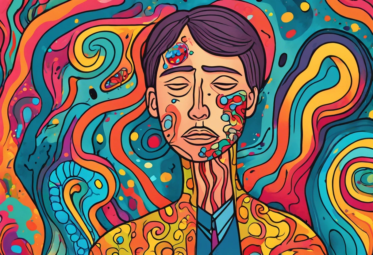 Colorful abstract illustration of a person experiencing flu-like symptoms due to paint fumes.