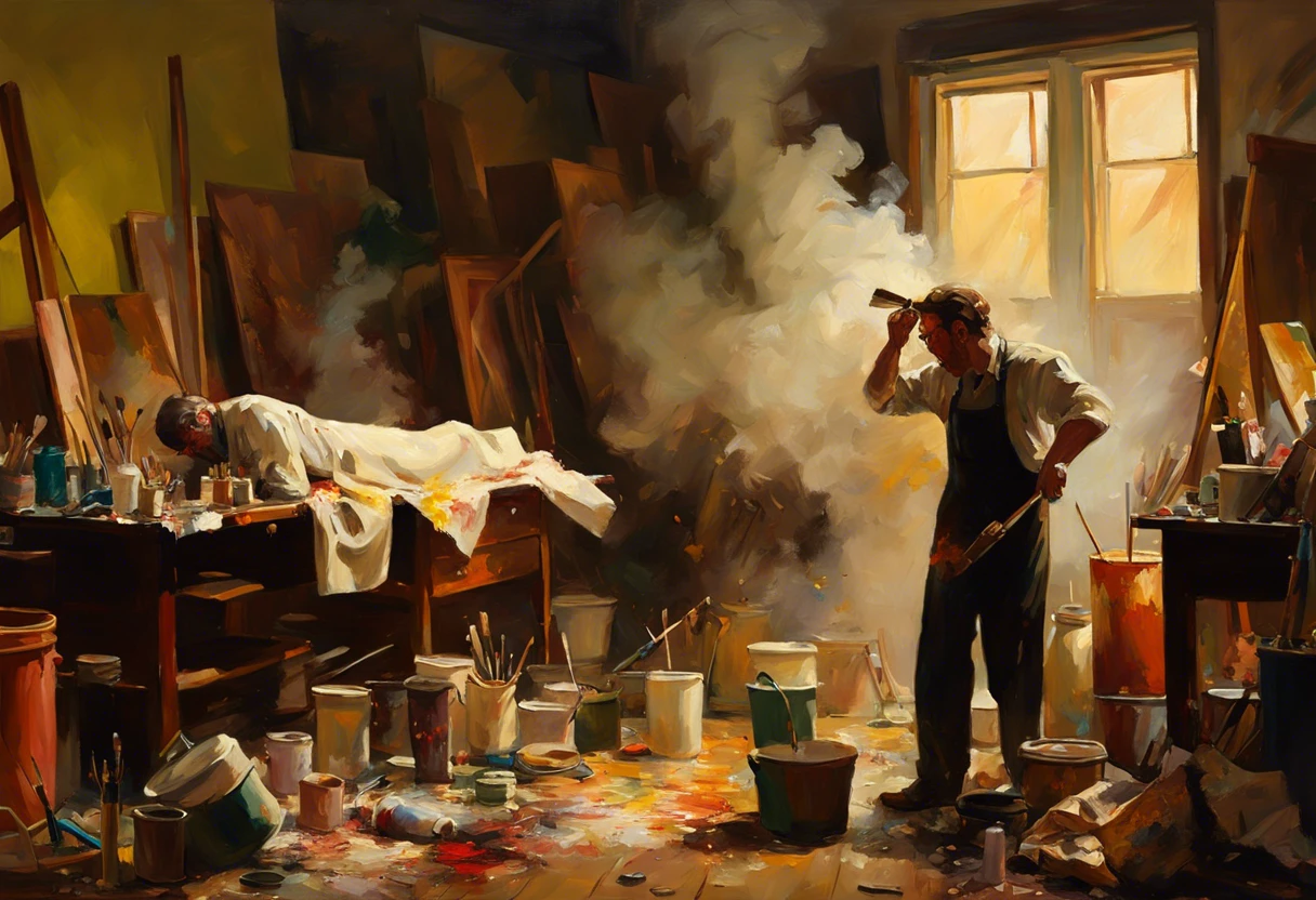 Artist working in a cluttered studio with paint fumes highlighting the risks associated with inhaling toxic substances.