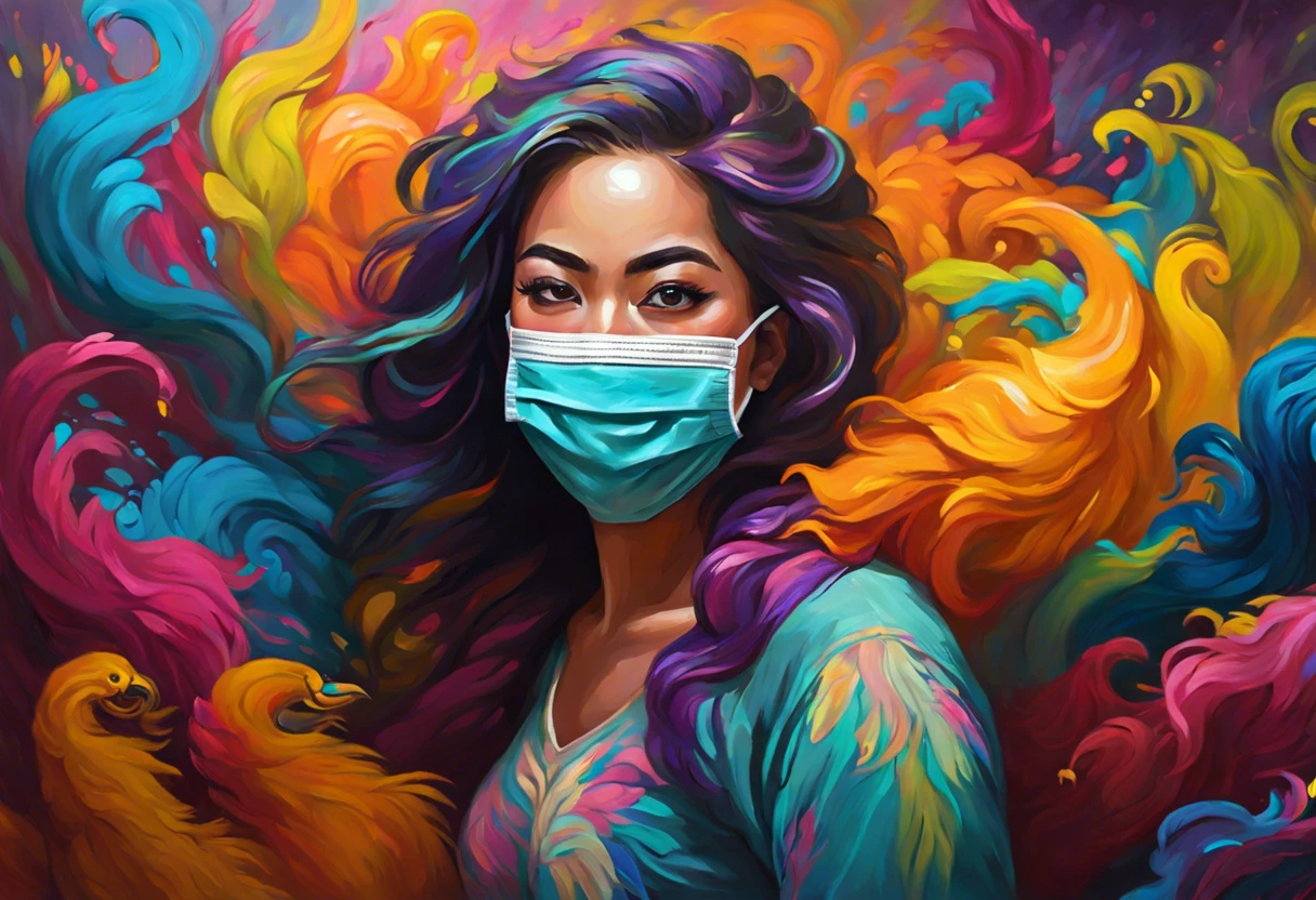 Woman wearing a mask amidst colorful paint, illustrating the dangers of paint fumes