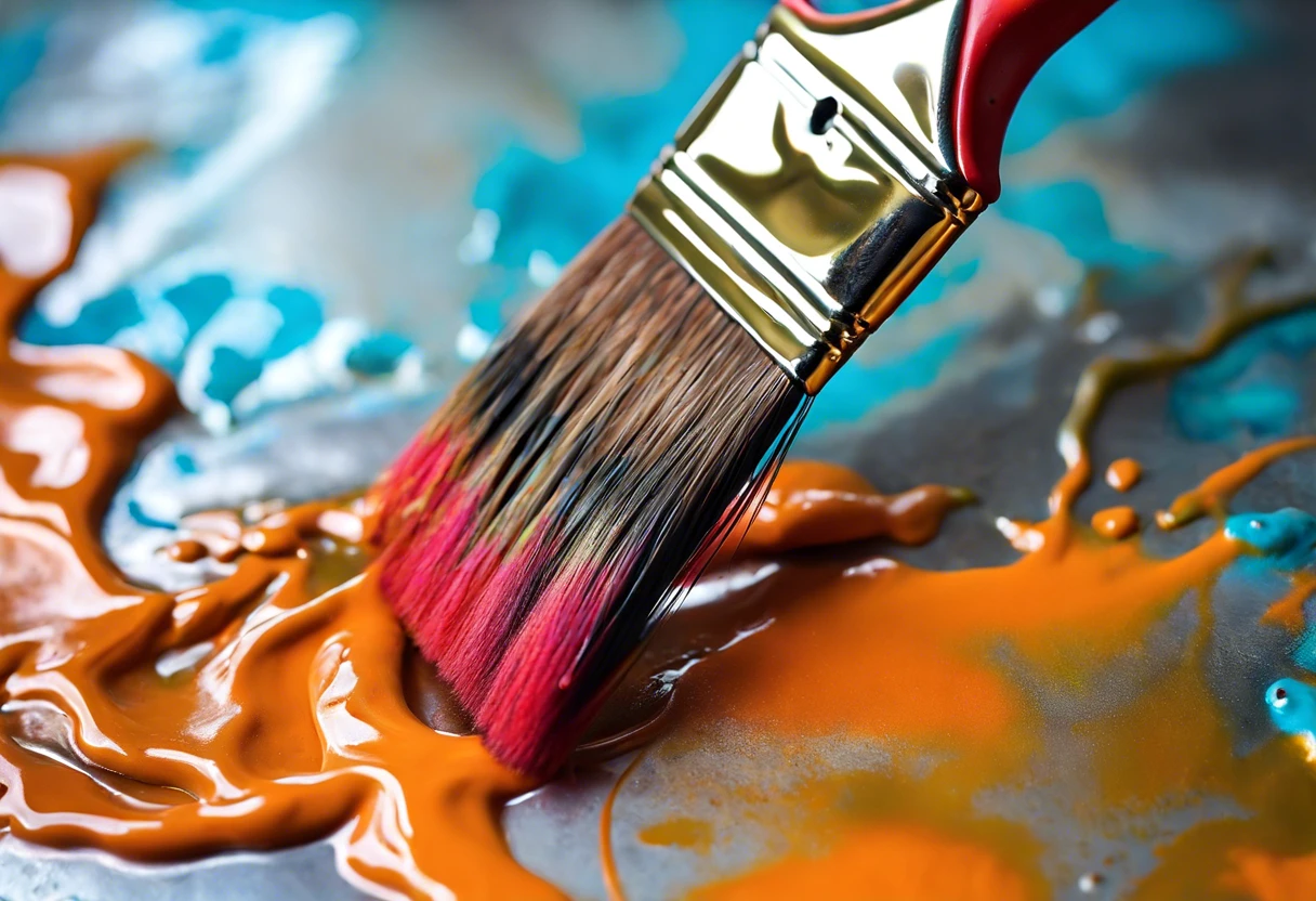 A paintbrush applying bright orange paint on galvanized metal surface.