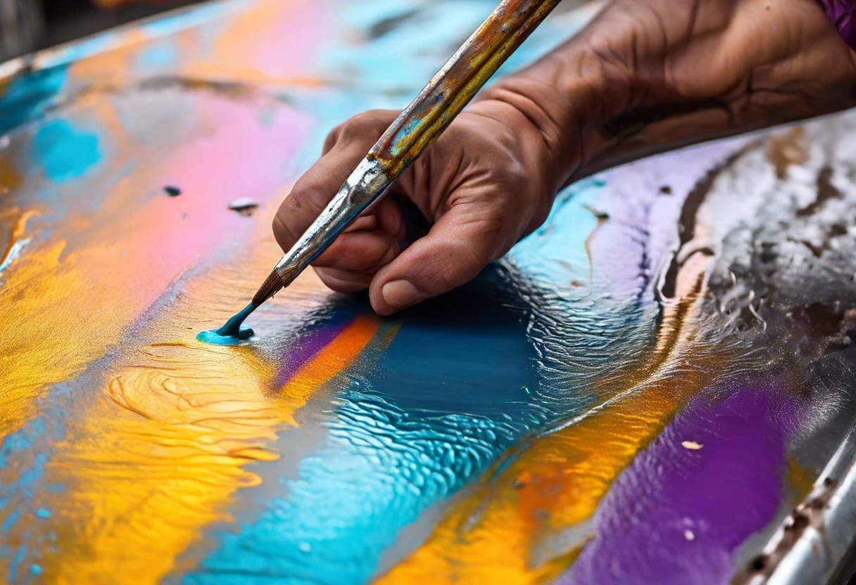 A close-up of a hand painting a colorful surface, illustrating the process of painting galvanized steel.