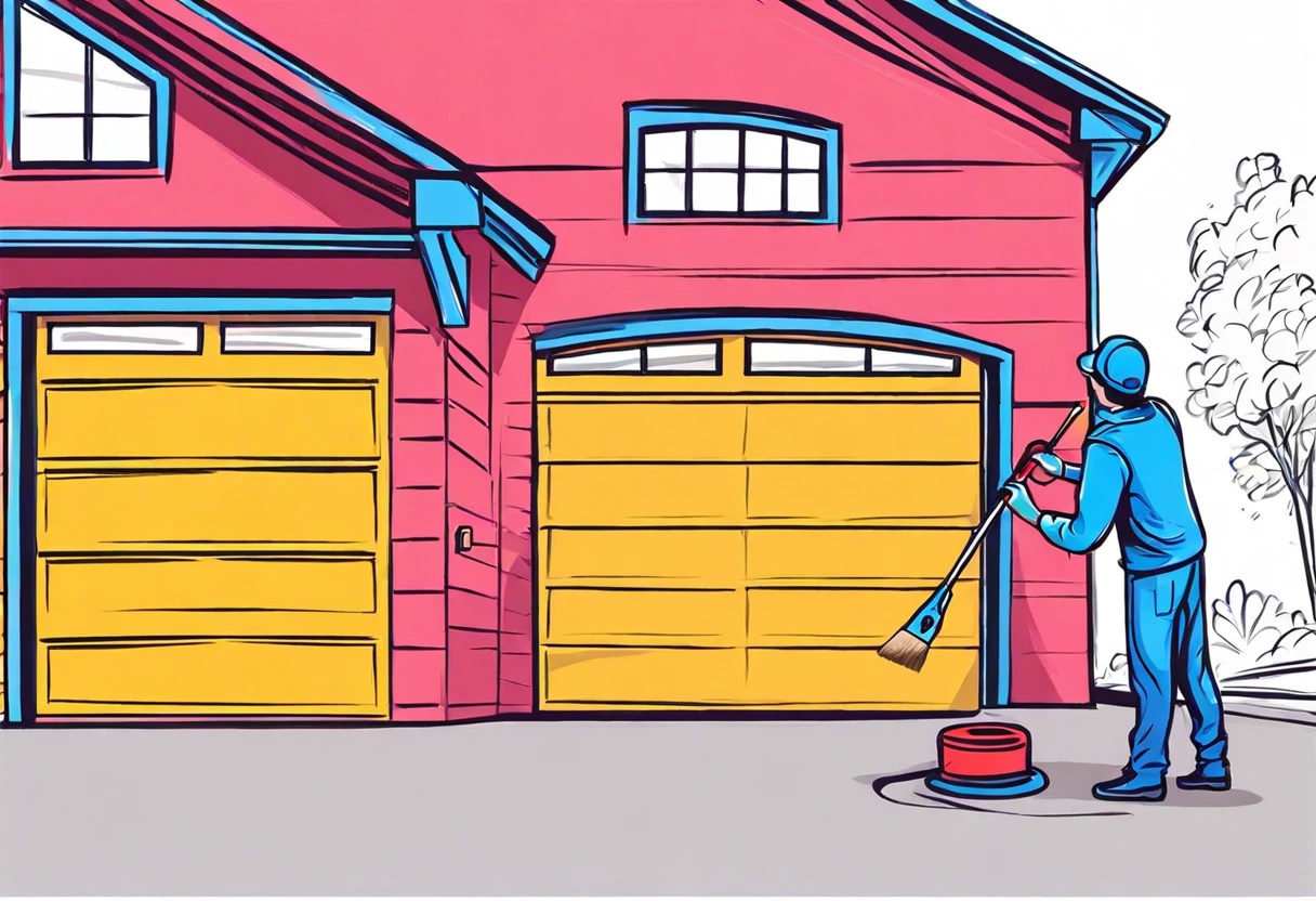 Person painting yellow garage doors on a colorful house, illustrating how to paint a garage door.