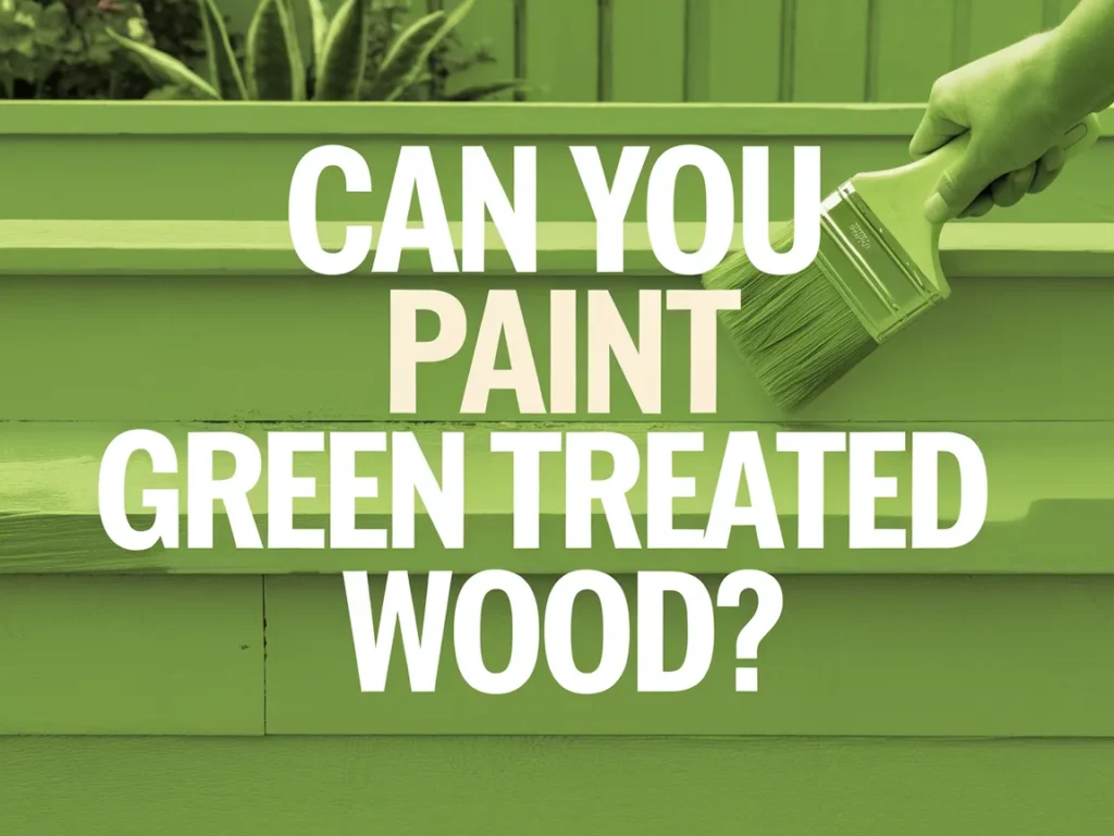 A person painting green treated wood with a brush, emphasizing the question of whether it's possible to paint this type of wood.