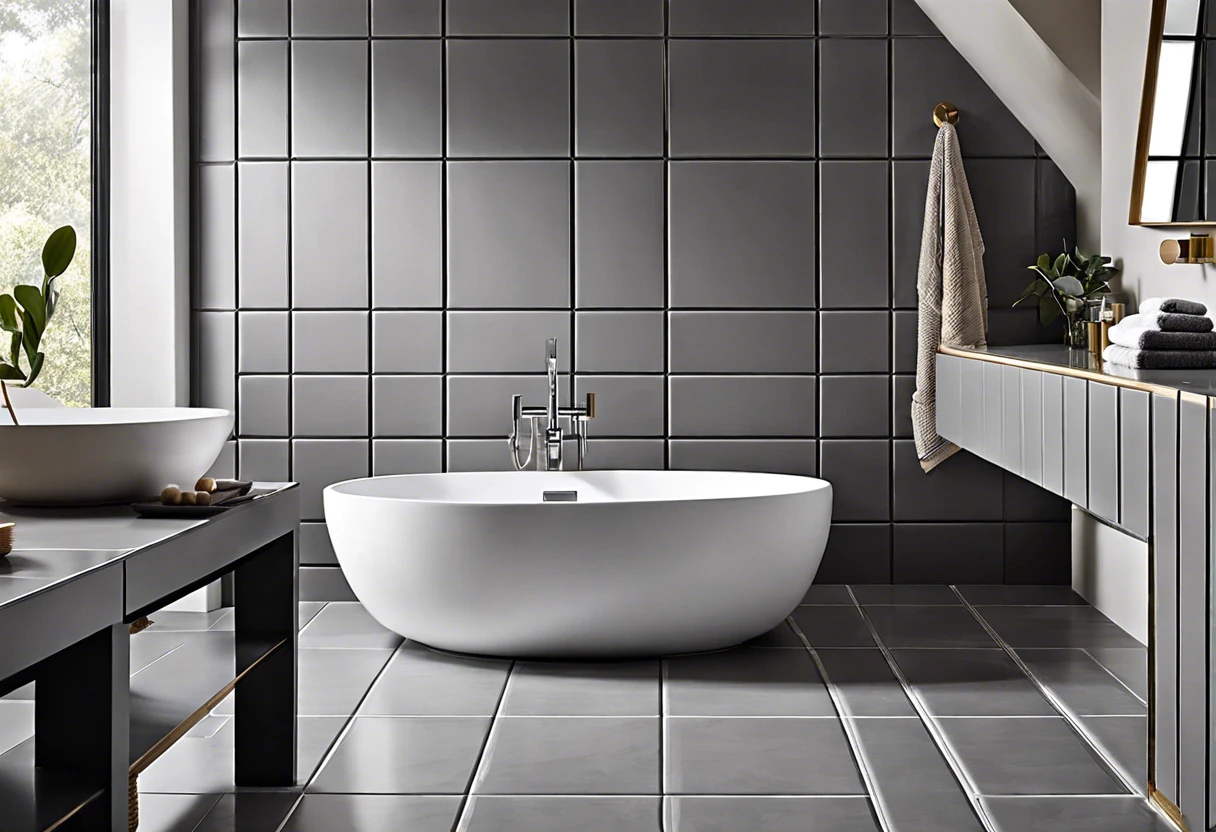 Modern bathroom with gray tiles and painted grout lines, illustrating the concept of painting grout.