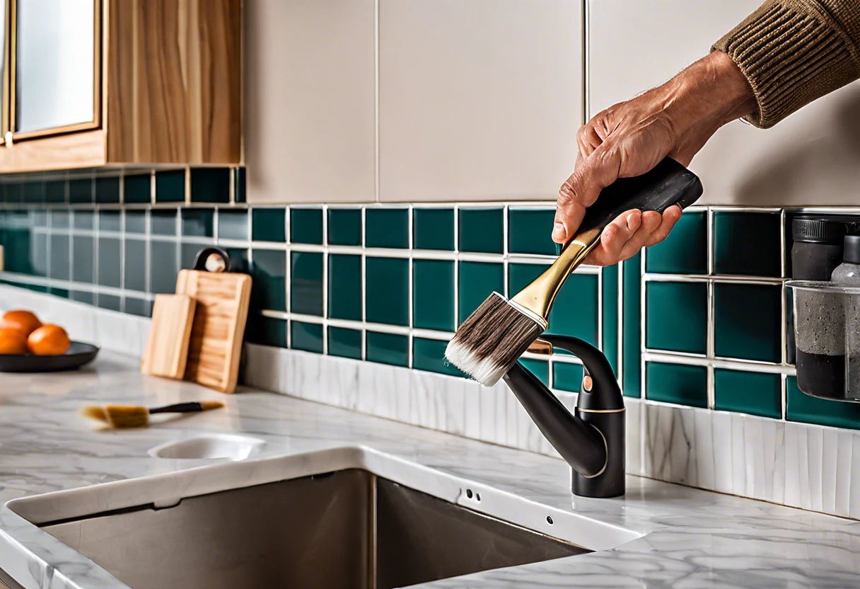A hand holding a brush painting grout lines in a kitchen with teal tiles.