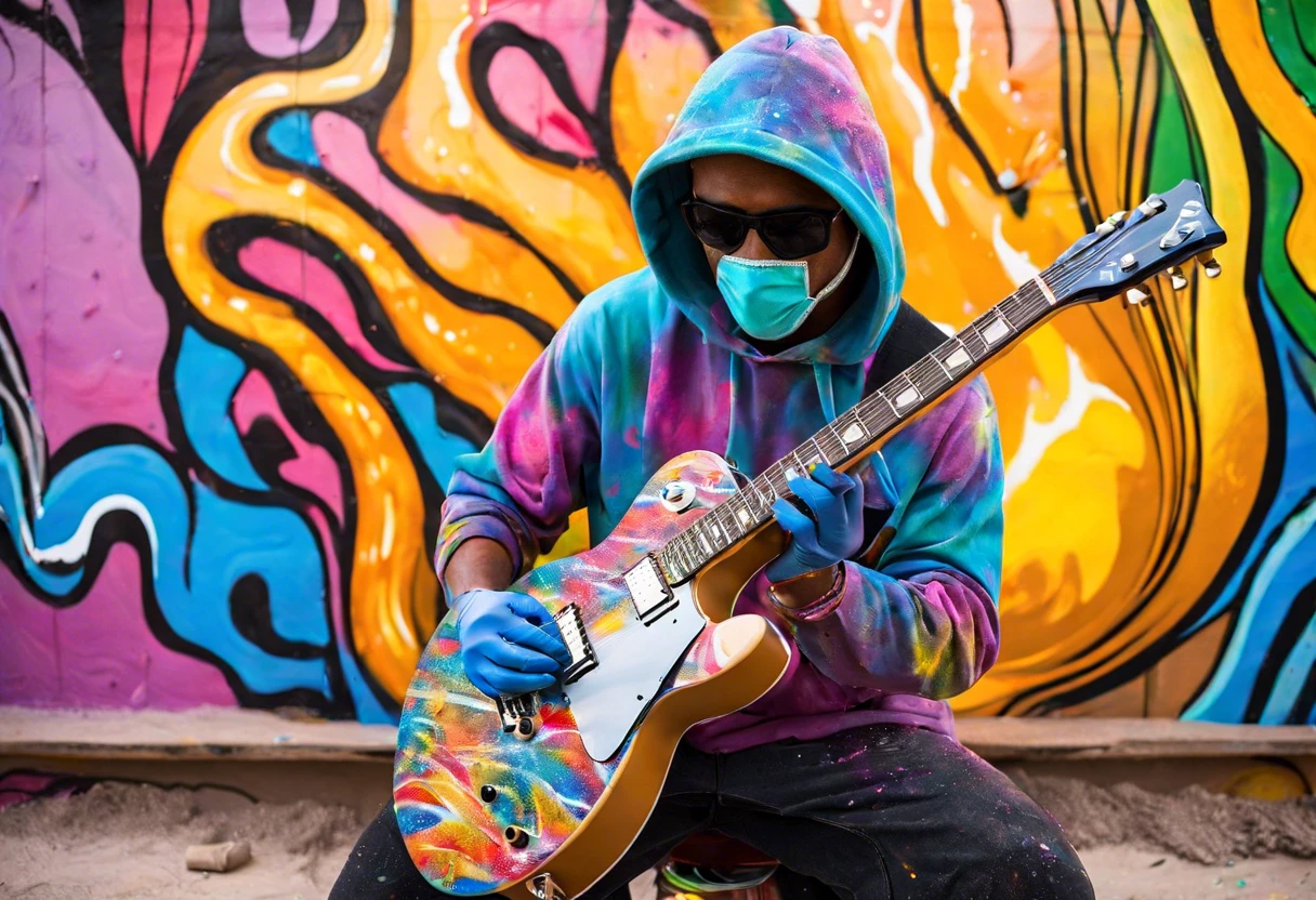 Person painting a guitar body with spray cans in a colorful backdrop, showcasing a DIY painting technique.