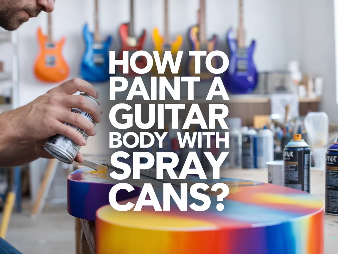 A person demonstrating how to paint a guitar body using spray cans in a workshop.